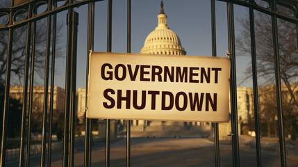 Government Shutdown Sign in Front of Capitol Building at Dusk