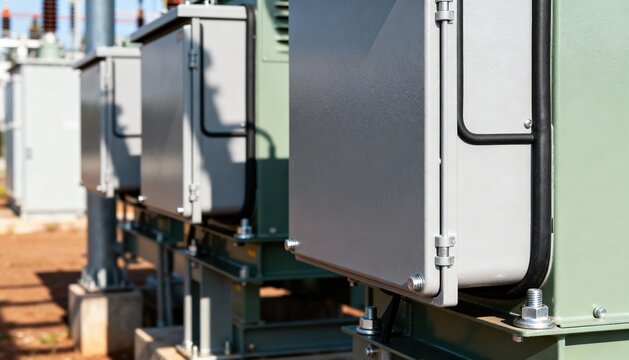 Medium shot of outdoor distribution switchgear upgrades highlighting weatherresistant enclosures and secure installations for enhanced durability.