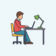 Person Working on Laptop at Desk, Vector Illustration of Office Worker, Business Icon Concept