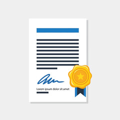 Vector illustration of a business certificate or diploma icon, featuring a signature and a golden wax seal with a star and ribbon