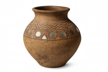 Ancient handcrafted clay pot discovering history and traditional art, rustic ceramic vessel with tribal patterns