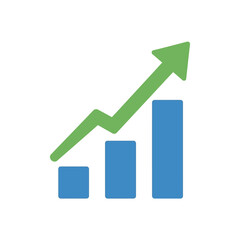 A flat design icon of a growing bar chart with an upward green arrow, symbolizing business success, financial improvement, and market progress