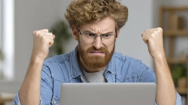 Man with clenched fists glasses beard and curly hair looks frustrated at a laptop