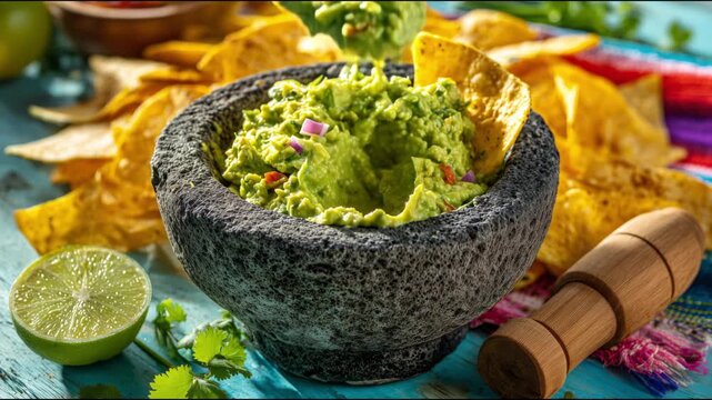 Person eating fresh homemade guacamole with corn nachos in a traditional stone molcajete