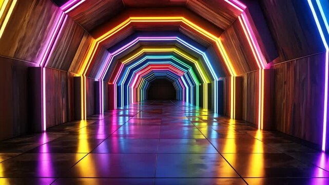 Vibrant neon tunnel with dynamic multicolor light reflections creating futuristic symmetry