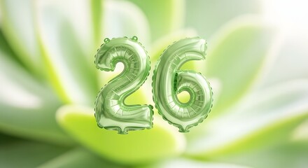 Green number 26 balloons in front of a succulent plant