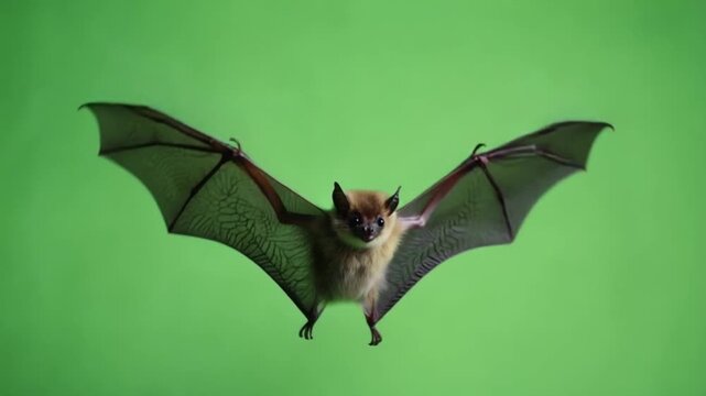 Close up of a bat in flight with its wings spread against a bright green background in studio shot bat green screen video