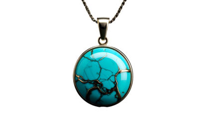 Gold chain pendant featuring a round, turquoise stone. Intricate cracks