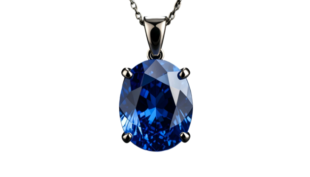 Stunning oval sapphire pendant with a silver chain against black backdrop