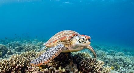 Sea Turtle Swimming Above Vibrant Coral Reef in Clear Blue Ocean