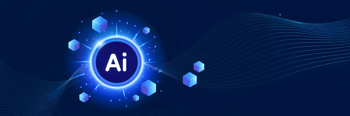 Abstract visualization of artificial intelligence, featuring interconnected blue hexagonal nodes and the 'Ai' insignia. Tech web banner