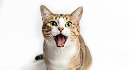 Expressive Tabby Cat with Open Mouth and Green Eyes on White Background