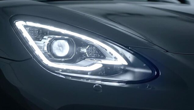 Close-up of a sleek car headlight with LED light on a dark vehicle with a dramatic mood.