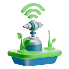 Smart watering device with green leaves and wifi signal on a blue and green platform against a transparent background ideal for technology and agriculture concepts