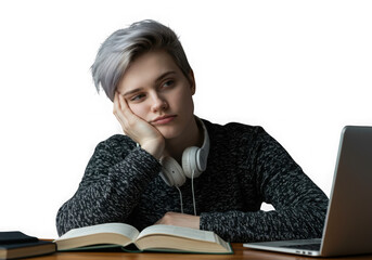 Young woman looking bored while studying with a book and laptop isolated on transparent background