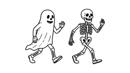 Ghost and skeleton walking together. Halloween concept for spooky designs, seasonal content, horror themes, party invitations, and festive decorations.