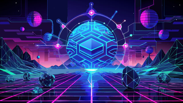 Cyberpunk landscape with neon grid and futuristic tech digital artwork | editable svg
