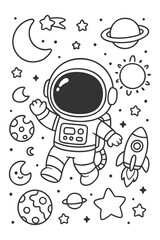 Space astronaut doodle coloring page hand drawing design