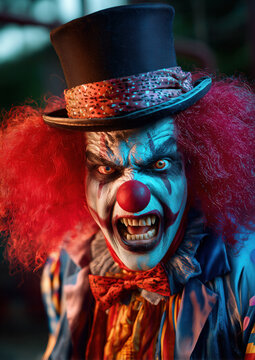 Un clown terrifiant aux cheveux flamboyants et coiff&eacute; d'un chapeau haut-de-forme dans un d&eacute;cor de parc d'attractions, photographie sur le th&egrave;me de l'horreur.