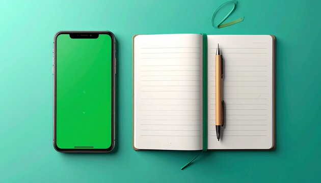 Workspace Essentials Smartphone with Green Screen and Open Notebook