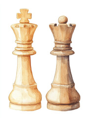 Watercolor chess pieces, queen and king clipart, simple design, white background, beige color palette.

