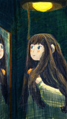 a girl in front of the mirror while brushing her hair in the dark room with one lamp illustration. a hand painted digital art with gothic theme