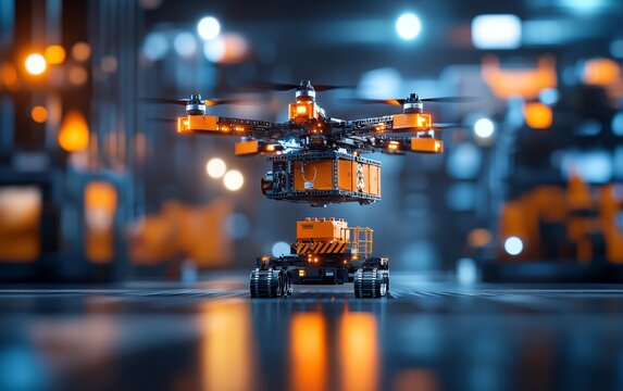 Cargo drones lifting heavy machinery over industrial zones, Transport, Heavy Duty Air Freight