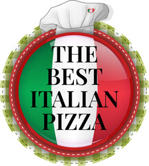 Vector logo representing the best Italian pizza, decorated in the colors of the Italian flag green, white, and red. The circular design includes a traditional chef s hat on top, symbolizing authentic 