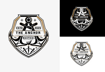 Nautical spirit to adventure shield shape the anchor logo design three black and gold vector badges. Ideal for nautical branding, marine businesses, travel, maritime and adventure branding.