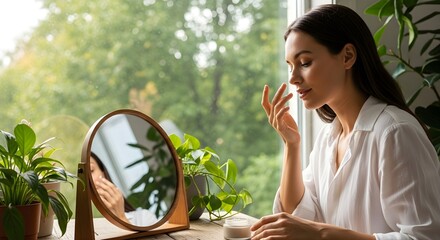 Woman applying skincare cream in morning with mirror and plants, symbolizing natural beauty and collagen care.