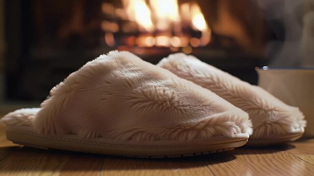 Cozy slippers by fireplace winter.
