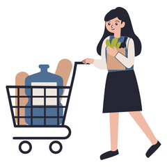Woman Pushing Shopping Cart Full of Groceries And Household Items illustration on Transparent Background