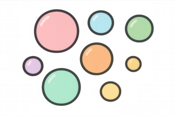 Floating pastel colorful bubbles, fun round shapes in a cartoon vector style, with transparent background