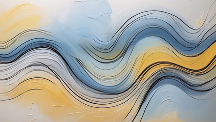Abstract painting with smooth, flowing waves of blue, yellow, and white tones
