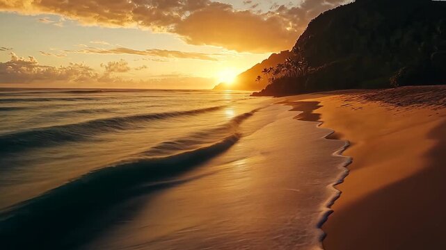 Golden sunset over ocean waves with dramatic sky and reflective beach scene