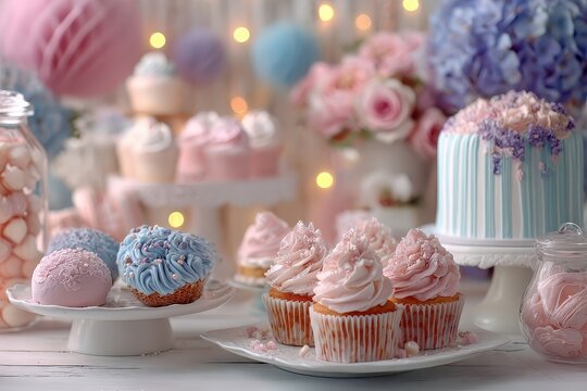 Delicious pastel cupcakes and treats are displayed on tiered stands for partygoers to enjoy during the special occasion - Powered by Adobe