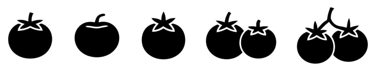 Tomato icon set on white background. Collection of fresh vegetable shapes for healthy food, farming, and cooking themes. Perfect for logos, labels, or organic agriculture vector design.
