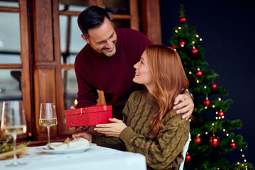 Couple Shares Gift Exchange During Christmas Dinner By the Tree With Warm Holiday Cheers Together