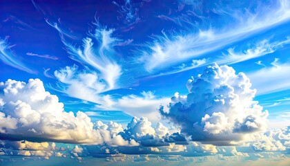 Vivid blue sky with dramatic, feathery cirrus and puffy cumulus clouds