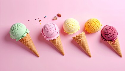 Five colorful ice cream scoops in waffle cones on a pink background