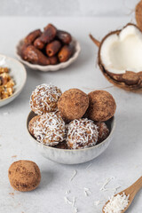 Homemade vegan healthy sugar-free candies made from dried fruits and nuts. Healthy eating.