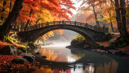 Scenic stone bridge spans a misty river, surrounded by vibrant autumnal foliage and tranquil atmosphere