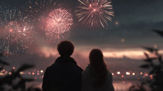 A couple in love watches fireworks, new year celebration and romantic dating concept - Powered by Adobe