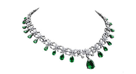 Elegant diamond and emerald necklace with floral motifs on transparent background