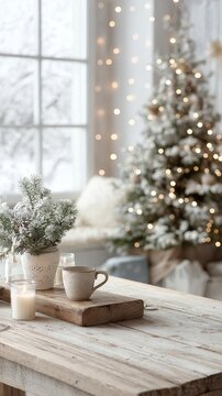 living room with table and decorated christmas tree on festive background with lights