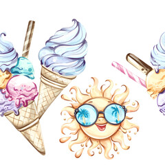 Cheerful summer seamless pattern background wallpaper featuring ice cream cones and a smiling sun ideal for festive occasions and vacation vibes