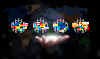 Global multilateralism and balance of power, with human silhouettes holding hands over country flags and a glowing hand symbolizing unity, peace, and diplomacy.