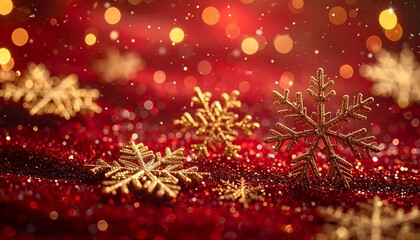 Glittering golden snowflakes on a red background with bokeh lights