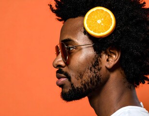 Profile of a stylish African American man with sunglasses and an orange slice balanced on his afro against a vibrant orange background.