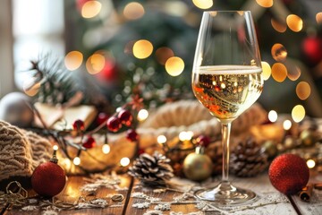 Festive celebration with sparkling drink and holiday decorations during winter season